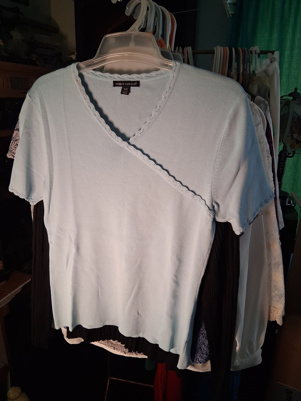 Debbie Morgan Light Blue Wrap-Style Short Sleeve Top